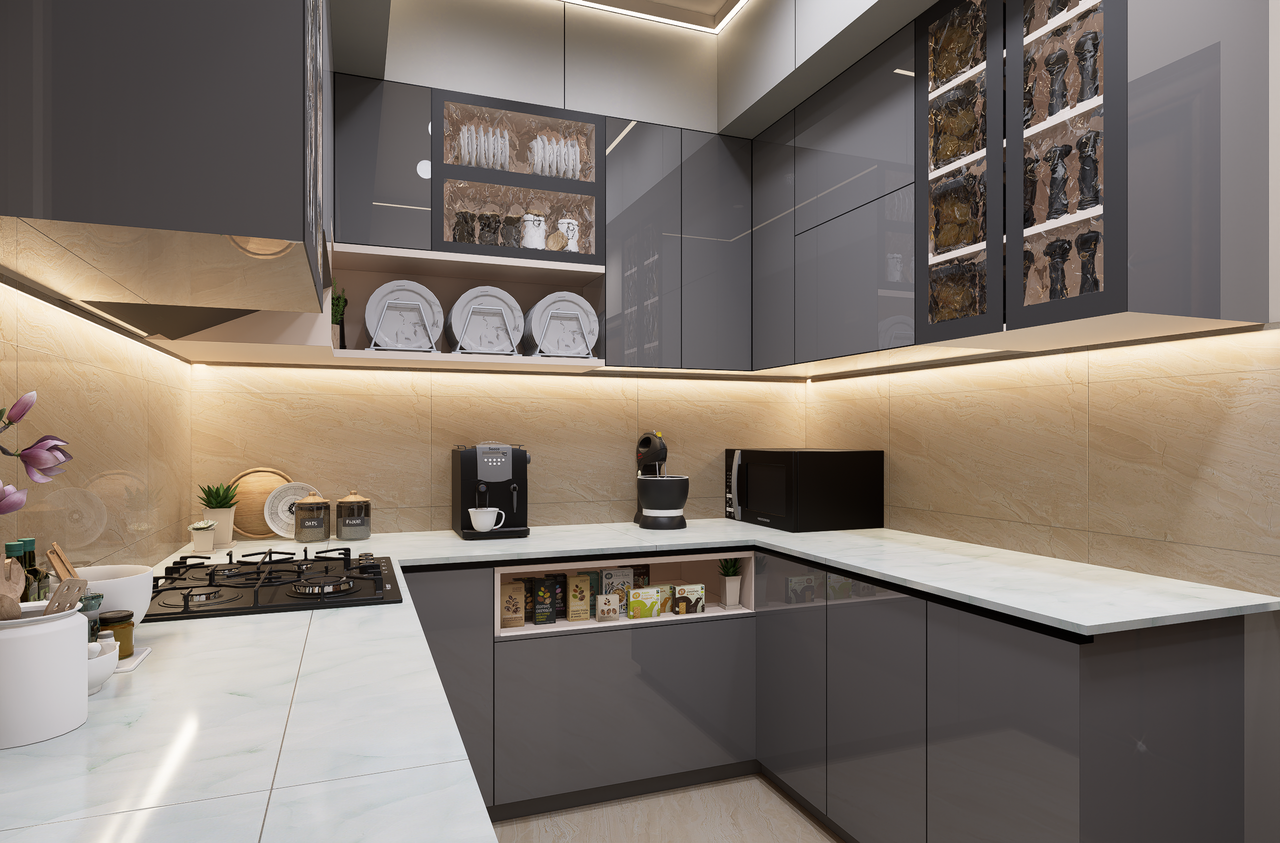 services-01 Sleek and modern kitchen with grey cabinets and marble countertops, featuring lighting.